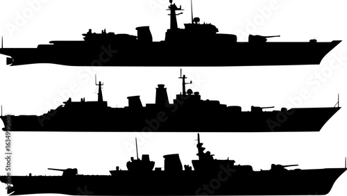 "Warship silhouettes in a pure minimalist style, no gradients or textures, just clean black forms representing different classes of navy vessels on a bright white canvas, arranged for maximum visual c