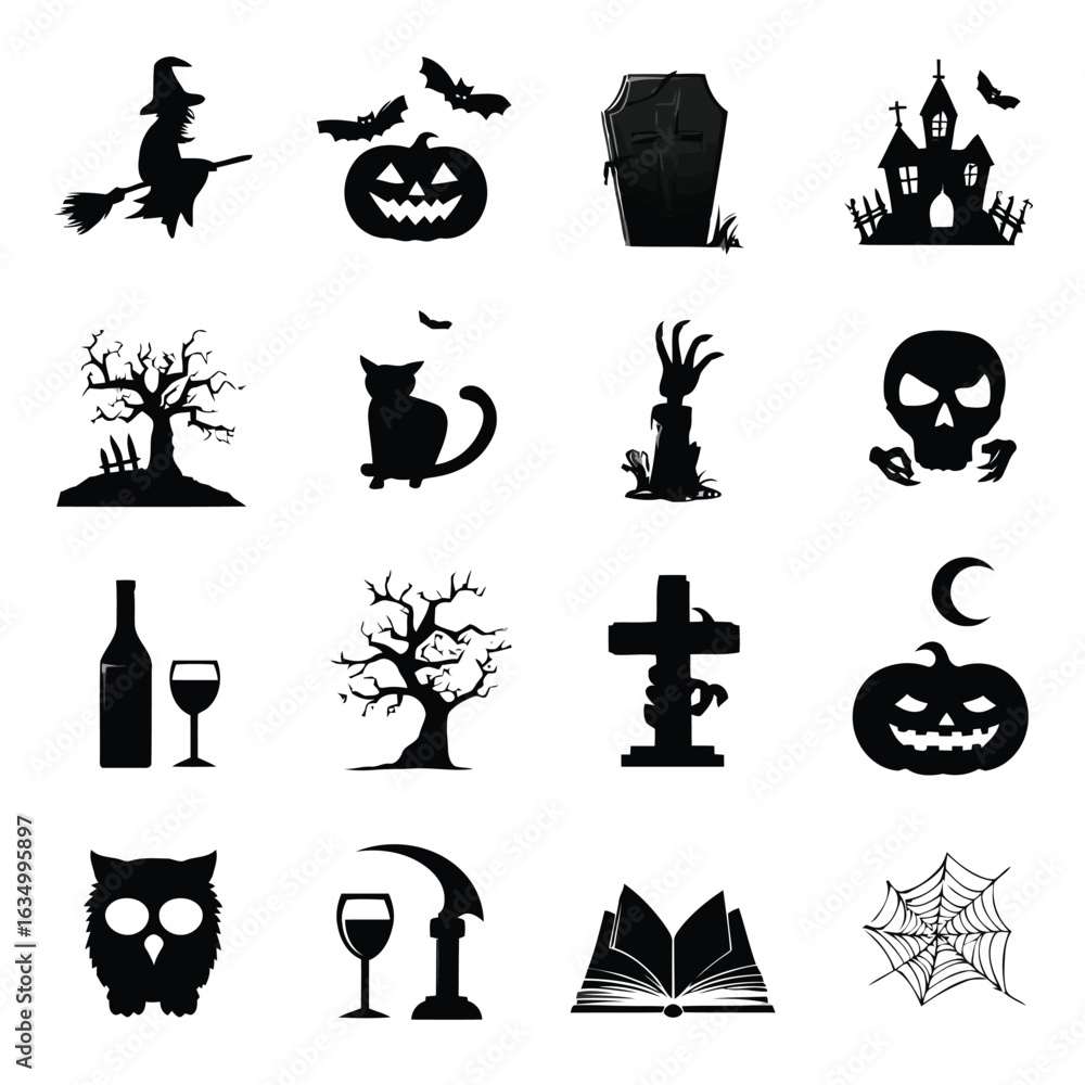 Fototapeta premium Vector illustration of halloween icons featuring witch on broom pumpkin bat skull and spooky elements for halloween celebration