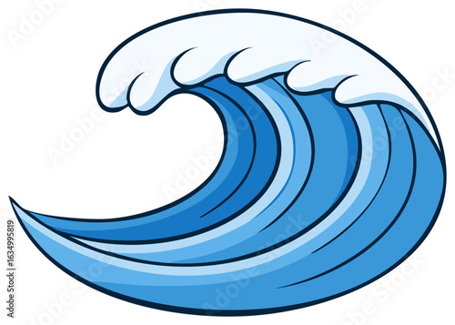 Cartoon Ocean Wave Rolling with White Foamy Crest Illustration in Aqua Blue Colors