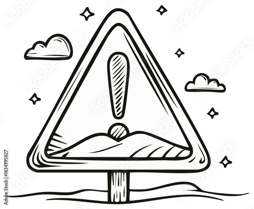 Hand Drawn Warning Sign with Exclamation Mark and Landscape Elements