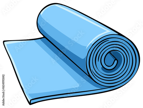 Illustration of a light blue rolled fitness mat, exercise equipment for workout activity