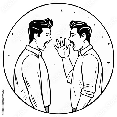 Two men vigorously communicating, shouting, or gossiping in a dynamic black and white line art illustration.