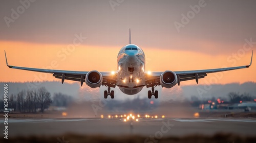 Wallpaper Mural A Boeing 737 plane takes off at sunset, with its lights shining brightly. Torontodigital.ca