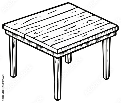 Simple wooden table with four legs depicted in a black and white outline drawing
