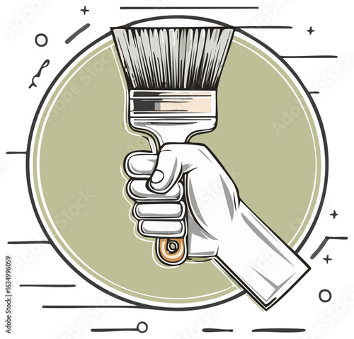 Painter's hand holding paintbrush creative illustration for renovation or decoration concept