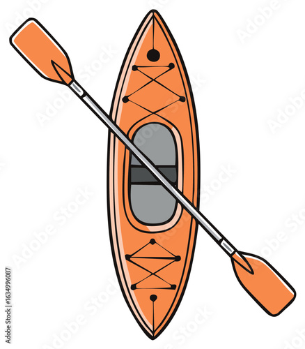 Orange kayak and paddle illustration from a high angle with clean lines and a white background