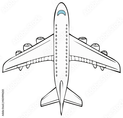 Top down illustration of a commercial passenger airplane with four engines and rows of windows