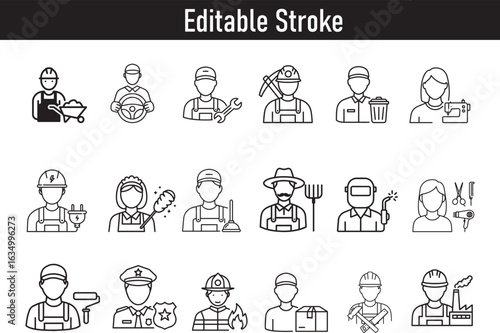 Diverse Occupations Represented with Line Art Icons Editable Stroke Style Offering Flexibility and Visual Appeal for Various Creative Projects