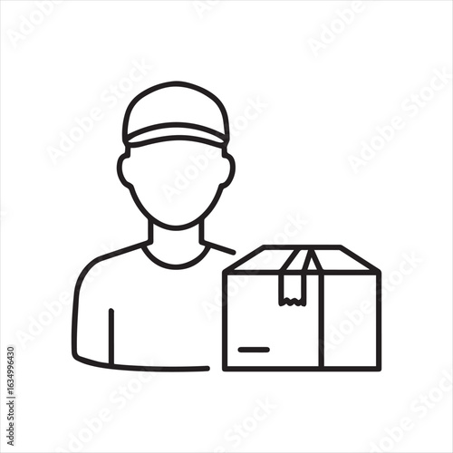 Delivery Person with Package Outline Icon for Courier Services, Transportation, Logistics, and E Commerce, Isolated on White