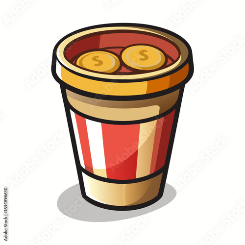 Worn Paper Cup with Coins Vector — Charity and Homelessness Awareness Icon

