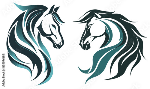 Vector illustration of two horse head profiles with flowing manes creating an elegant and powerful design suitable for various applications