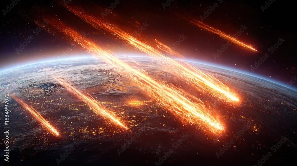 Obraz premium Dramatic view of meteors colliding with earth, creating a stunning celestial display.