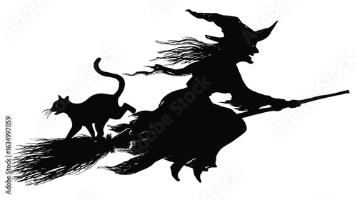 Vector illustration of a witch riding a broomstick with her black cat during halloween night with a spooky moon