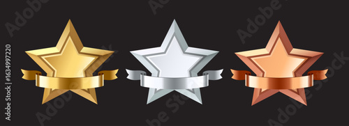 Gold, Silver, and Bronze Star Awards with Shiny Ribbons – Vector Illustration for Trophy, Prize, and Achievement Design