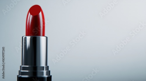 Red lipstick tube on gray background with copy space