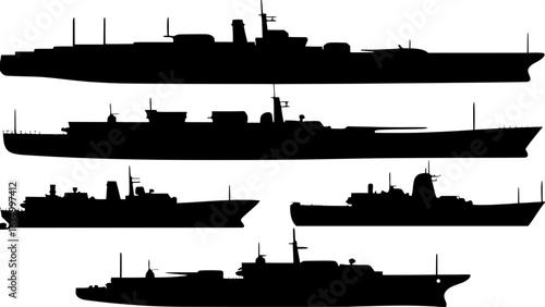 "Flat vector-style naval vessel silhouettes, each unique in shape and class, organized in a visually balanced composition, without color, shading, or extraneous details, resembling military blueprint 