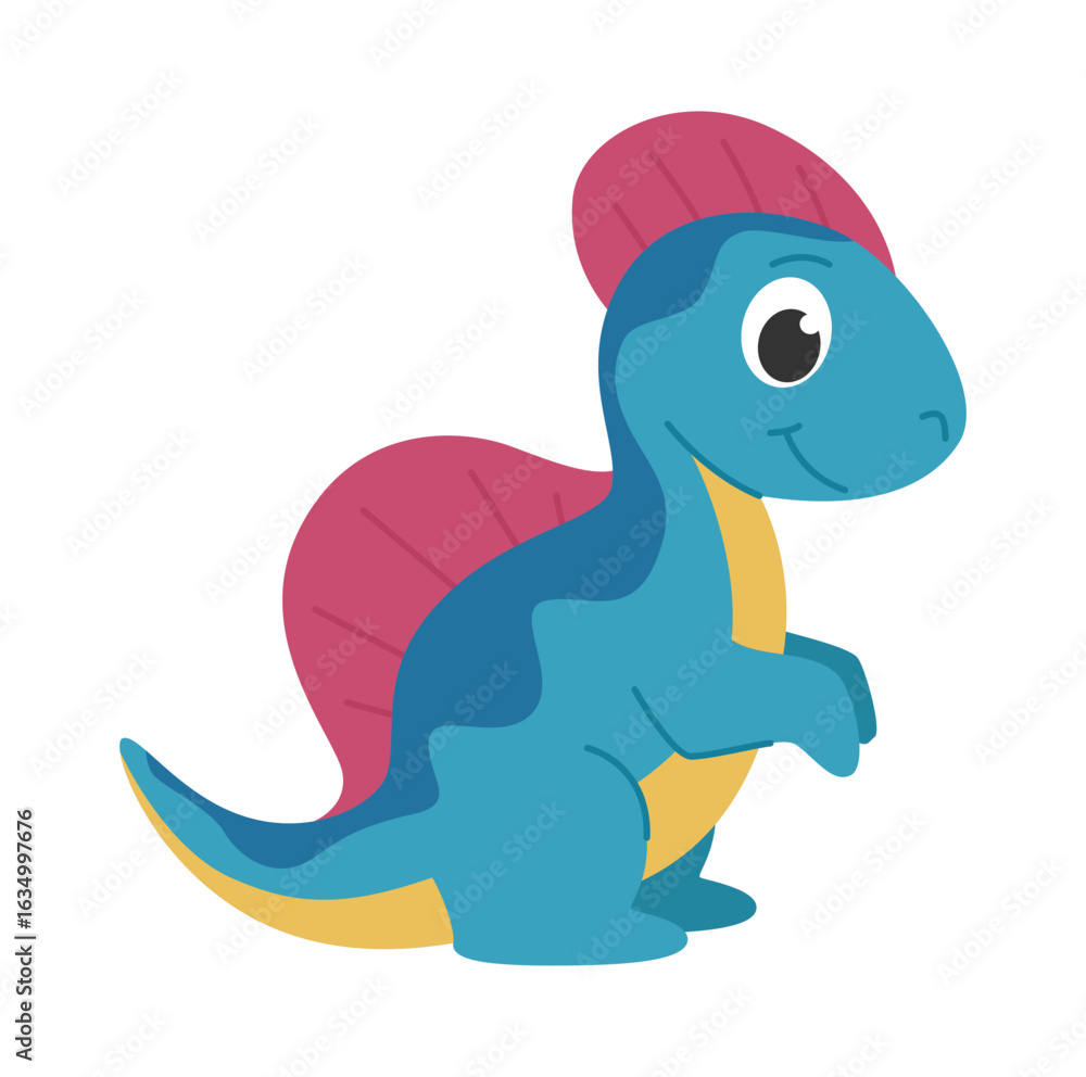 Fototapeta premium Childrens cartoon dinosaur corythosaurus. Cute blue dinosaur with a red crest on his head and back. Cute little prehistoric animal. Vector illustration.