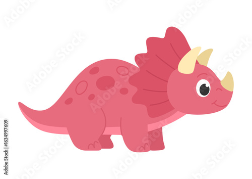 Childrens cartoon dinosaur triceratops. Cute pink dinosaur with horns and a collar. Cute little prehistoric animal. Vector illustration.