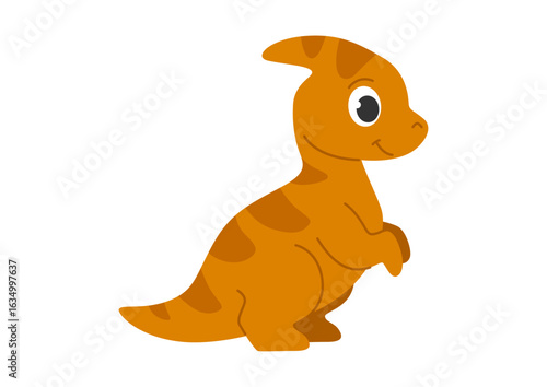 Childrens cartoon dinosaur parasaurolophus. Cute orange striped dinosaur. Cute little prehistoric animal. Vector illustration on white background.