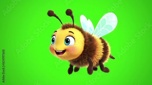 Cute cartoon bee flies, green screen background, animation