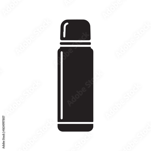 Black thermos flask icon with rounded cap and ribbed neck container beverage