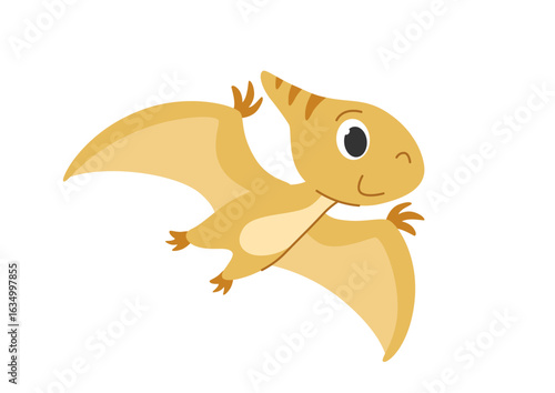 Childrens cartoon dinosaur pterodactyl. Flying prehistoric lizard. Cute little prehistoric animal. Vector illustration on white background.