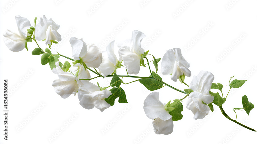 Obraz premium White flowers, leaves, and vine are isolated on white. Floral template for cards, invitations, announcements, backdrops, product photography.