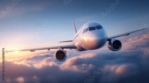 A commercial airplane flying through the clouds at sunset, ready for takeoff or landing.
