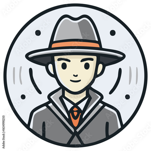 Cartoon Detective Illustration with Hat and Trench Coat within Circle Icon