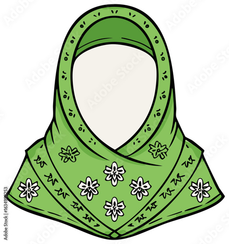 Green floral hijab illustration. A religious head covering with traditional flower print, illustration of modesty and faith.