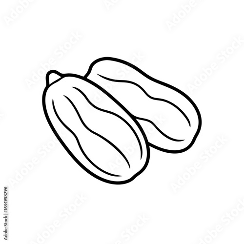 Illustration of two peanuts with visible shells and inner nut outlines in a simple black and white drawing on transparent background