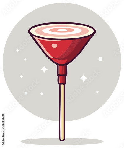 Red Plunger with Wood Handle Household Tool Cleaning and Plumbing Vector Art