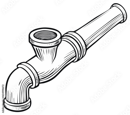 Vintage Pipe Fitting with Tee Connector and Elbow Bend Illustration