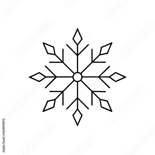 Simple line drawing of a symmetrical snowflake with diamond shaped tips and a circular center design on transparent background