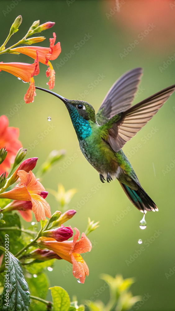 Fototapeta premium Emerald hummingbird feeding on orange trumpet flowers