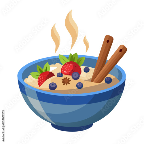 Steaming Bowl of Porridge with Cinnamon and Berries Vector Illustration