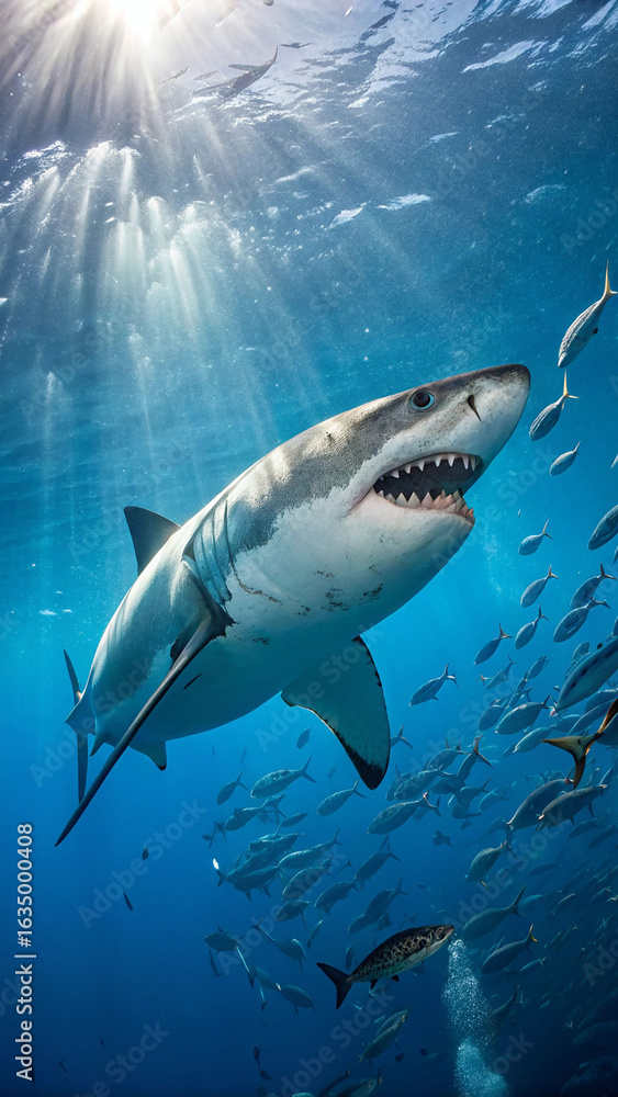 Obraz premium Great white shark swims with school of fish ocean
