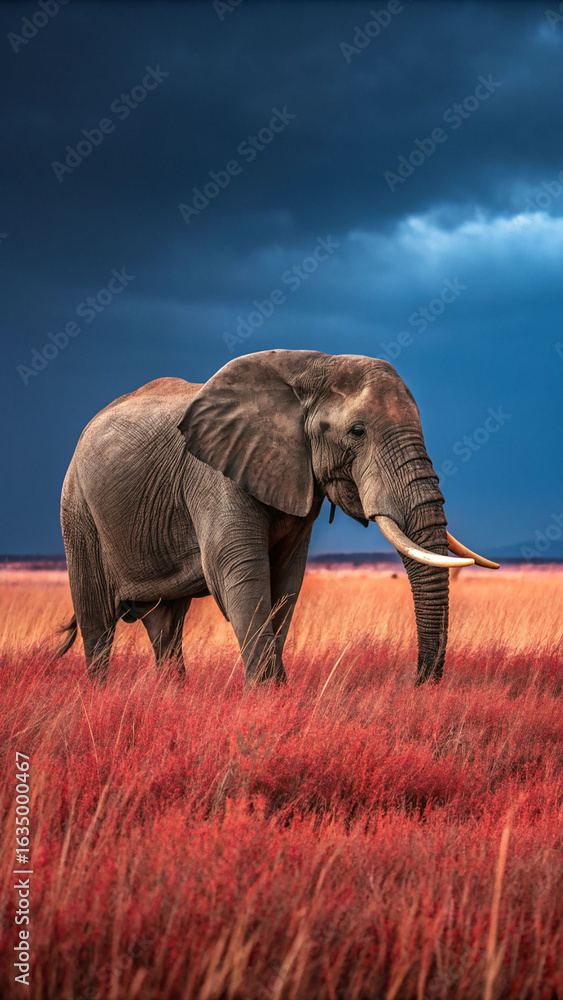 Fototapeta premium Elephant standing in red grass under stormy sky savanna