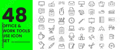 Office Work Tools Icons set use, Laptop Computer, Desktop Monitor, Office Chair, Desk Lamp, Clipboard Document, Calendar Schedul