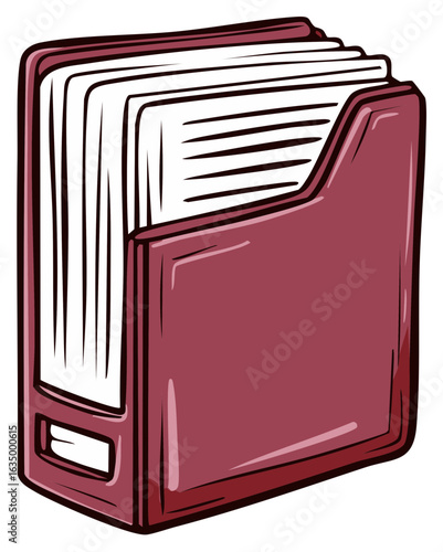 Maroon office file organizer box filled with white paper documents illustration