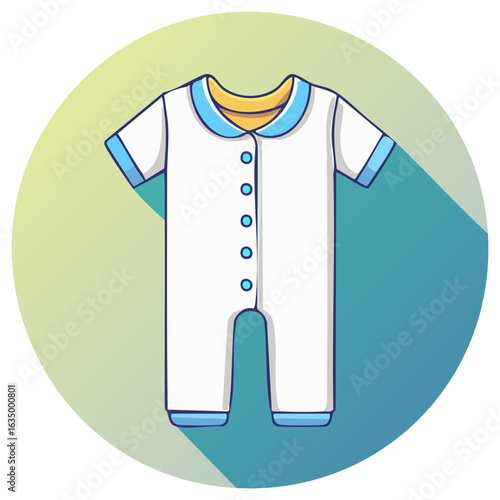 Cartoon baby onesie with blue and yellow trim in a circular frame for fashion or childhood illustrations