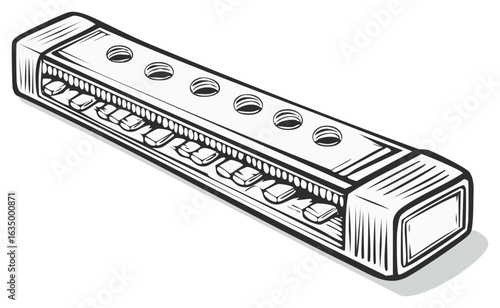 Vintage harmonica mouth organ musical instrument in a retro black and white sketch style