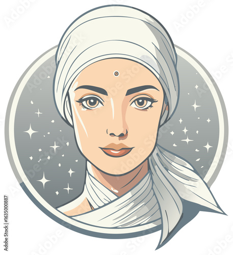 Woman with white headscarf and forehead dot adorned with stars in a circular frame