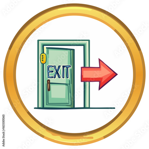 Cartoon style exit sign with open green door and red arrow in a golden circle frame