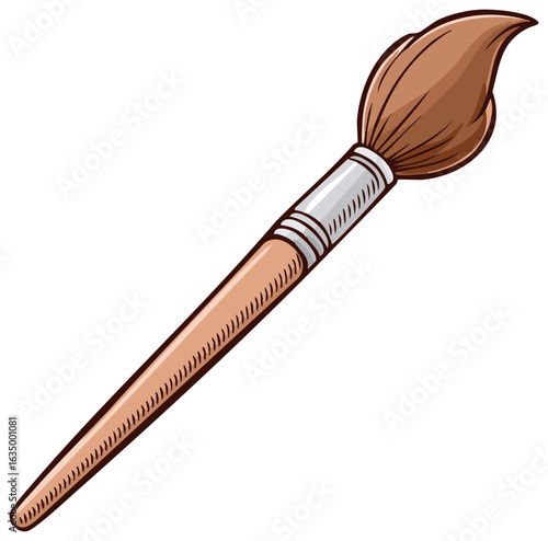 Art brush with wooden handle and brown bristles for painting and drawing creative projects