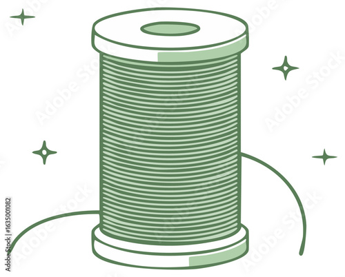 Green thread spool with sparkles illustration for crafting and sewing