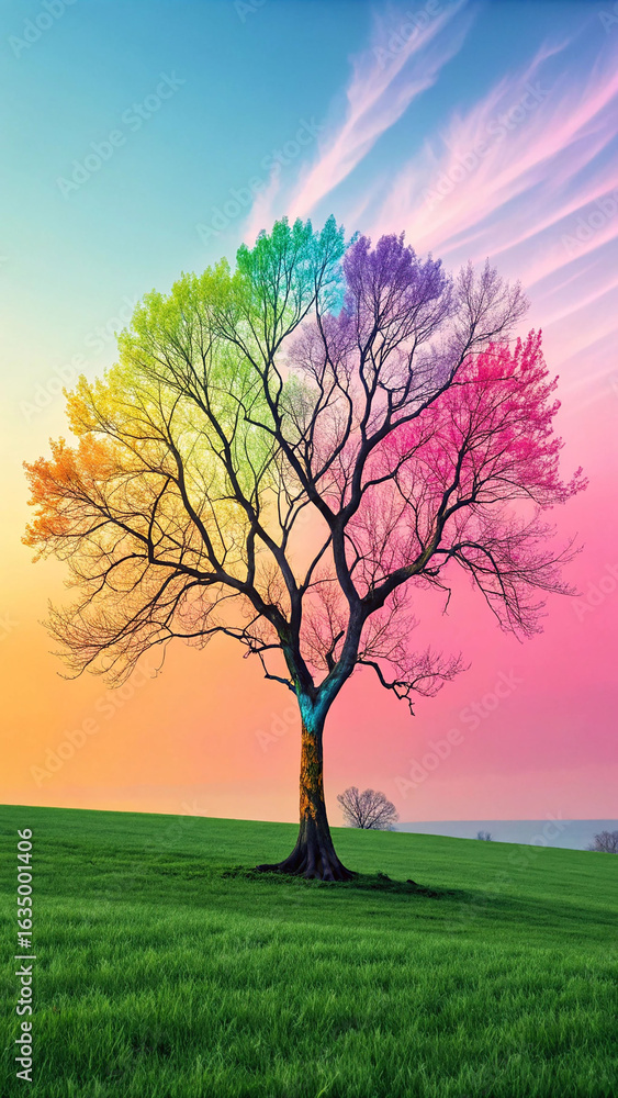 Obraz premium Vibrant rainbow tree in green field grass