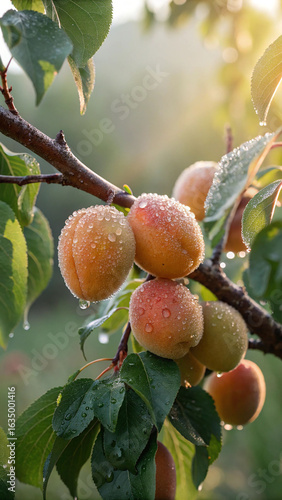 Ripe apricots covered in morning dew fruit tree