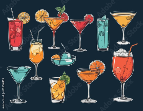 Hand-drawn collection of cocktails and drinks in various glass styles. Vintage ink sketch vector illustrations of classic alcoholic beverages.	