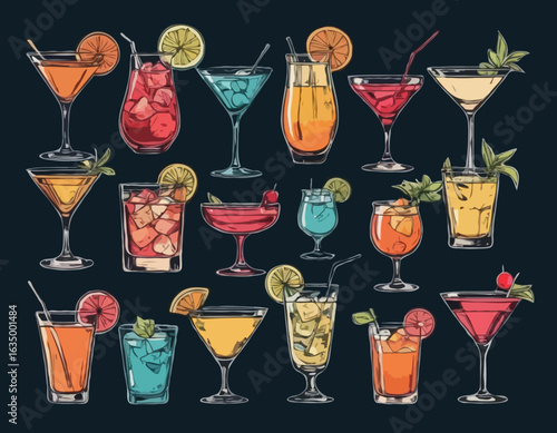 Hand-drawn collection of cocktails and drinks in various glass styles. Vintage ink sketch vector illustrations of classic alcoholic beverages.	